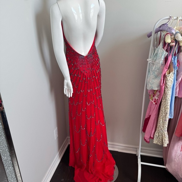 Vintage Red Beaded Gown Art Deco Revival Halter Dress | Old Hollywood Glamour 4 - Picture 9 of 12